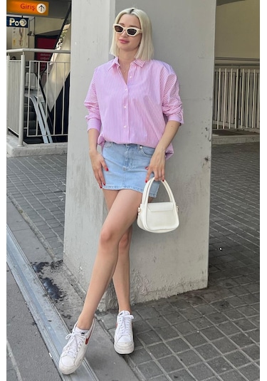 Madmext Pembe Çizgili Over Fit Gömlek Mg1525 Pembe