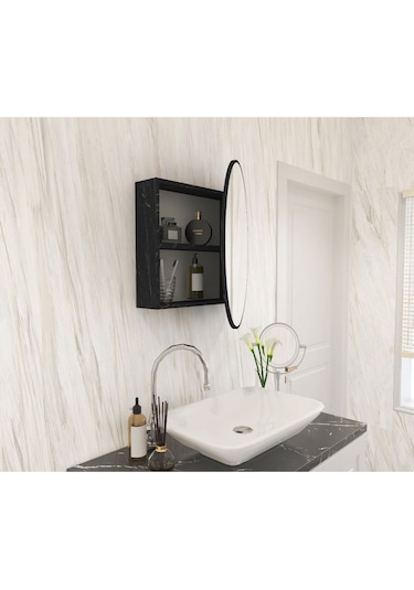 Makbulce Oval Aynalı Banyo Dolabı Mermer Desenli Mermer
