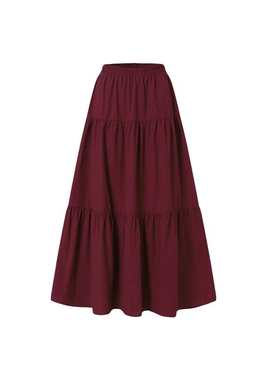 Goocheer Retro Rami Pamuklu Pileli Uzun Etek - Yüksek Bel Kore Moda Harajuku Grungebordokadın Bordo