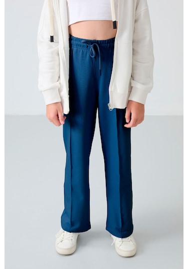 Tommy Life Parlament Cepli Ön Dikiş Detaylı Geniş Paça Kız Çocuk Eşofman Altı -75144 Mavi