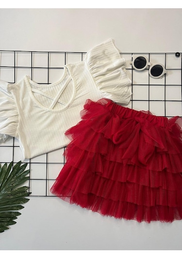 Kız Çocuk 23 Nisan Tül Etekli Kısa Kol İkili Takım Krem