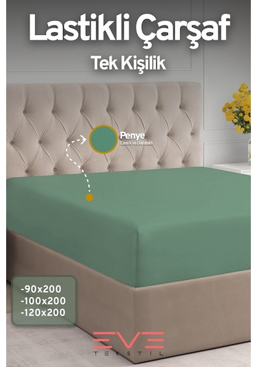 Eve Tekstil Fitted Yüksek Kaliteli Penye Kumaş Tek Kişilik Lastikli Çarşaf Yeşil