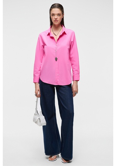 DELFINO Kadın Oversize %100 Organik Pamuk Uzun Kollu İnce Uzun Pembe Gömlek