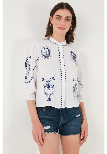 Lela Nakış Işlemeli Truvakar Kol Hakim Yaka Pamuklu Şile Bezi Bayan Gömlek 611Bz0044 Beyaz-Indigo