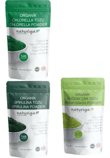 Naturiga Organik Spirulina Tozu + Klorella  Tozu + Buğday Çimi 3 x 100 G