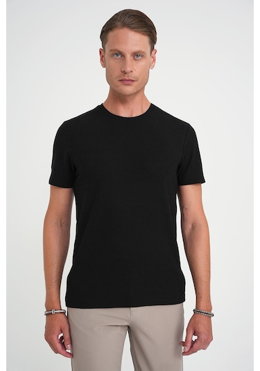 Comfort Fit Bisiklet Yaka Fitilli Kısa Kol Siyah Tişört Ts 912 Siyah