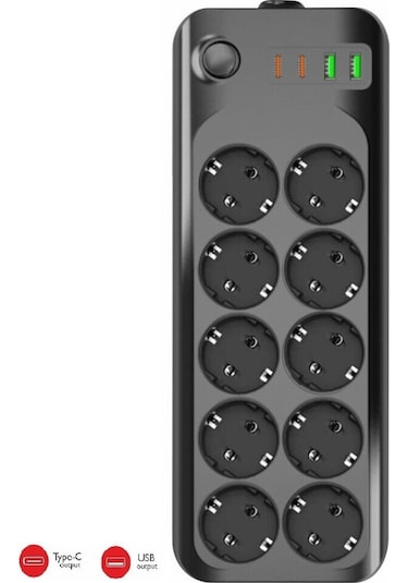 Winnboss Termal Akım Korumalı Usb Ve Type-c 2.1a Şarj Çıkışlı 10a 2500w 10'lu Uzatma Grup Priz 3423 2 M