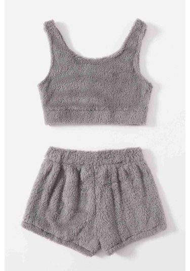 Alpinmoda Askılı Peluş Polar Alt Üst Şortlu Ms40788 Gri