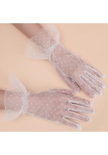 Güpürlü Tüllü Puantiyeli Şeffaf Parti Kostüm Kına Düğün & Gelin Eldiveni Beyaz Çok Renkli