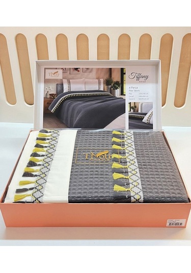 Çift Kişilik 4 Parça Püsküllü Havuz Pike Takımı Antrasit