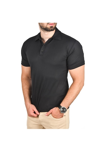 Deepsea Erkek Siyah Slim Fit Polo Yaka Tişört Dar Kesim Likralı Yakalı Tişört 2501215 Siyah