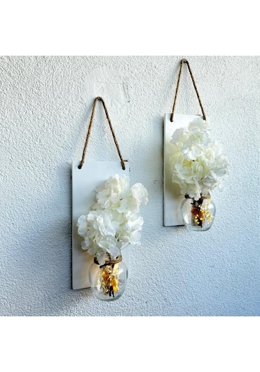 Led Işıklı, Beyaz Bahardalı Çiçekli Duvar Dekoru Beyaz İkili Set Beyaz