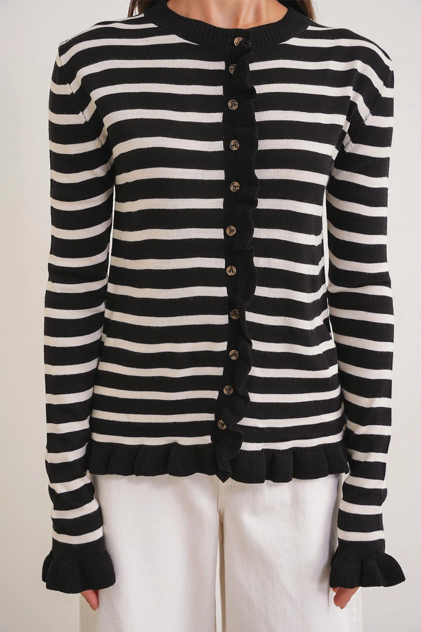 6965 Kadın Fırfır Detaylı Çizgili Triko Hırka Siyah Siyah