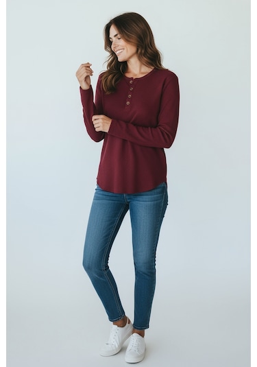 Kadın Yaka Düme Detaylı Mevsimlik Bluz Bordo