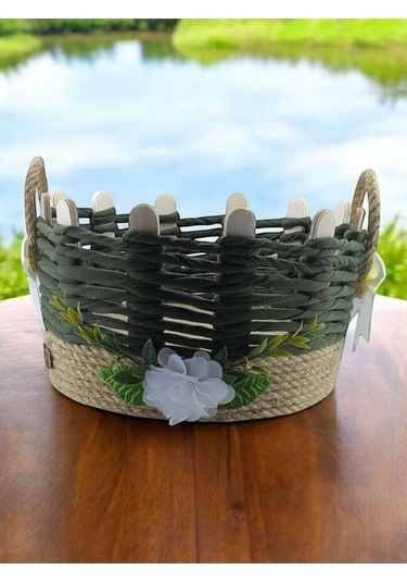 Hasır Sepet Takı Organizer Makyaj Kutusu El Yapımı Komodin Üstü Sepeti Haki