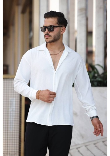 Tex Republic Erkek Beyaz Rahat Kesim Dokulu Oversize Salaş Aerobin Gömlek Beyaz