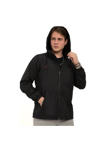 Erkek Astarlı Kanguru Cepli Su Ve Rüzgar Geçirmez Kapüşonlu Cepli Yağmurluk Haki