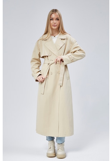 Oversize Rüzgarlık Detaylı Trençkot Taş