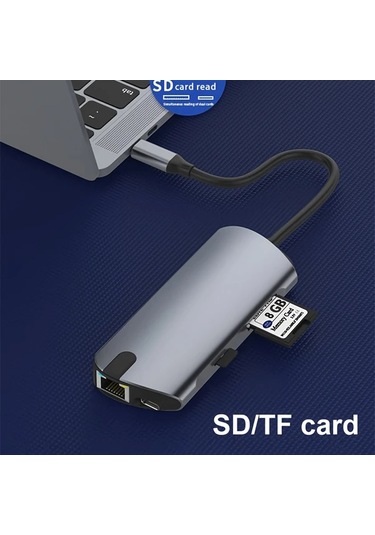 Xuweiwei 8in 1 Usb C Hub Gray 4k Hdtv Rj45 1000m Sd Tf Arayuzu 3 Usb 1 Usb C Macbook Ve Windows Notebook Uyumlu