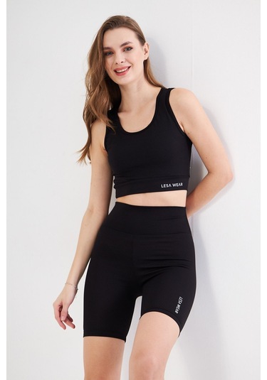 Lesa Wear Fitilli Yüksek Bel Likralı Toparlayıcı Kısa Şort Tayt Siyah