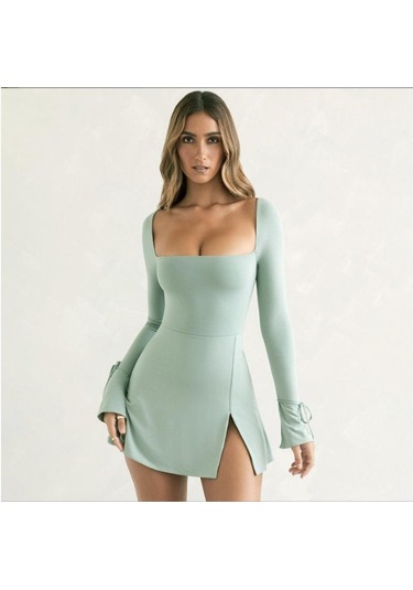 Kadın Sonbahar Ve Kış Yeni İpli Uzun Kollu Düz Renk Kare Yaka Dar Kesim Yüksek Bel Yırtmaçlı Elbiseler Yeşil