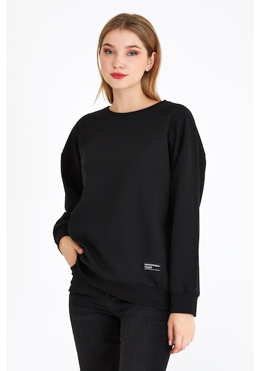 Comeor Kadın Siyah Basic Bisiklet Yaka Regular Fit Rahat Sweatshirt 001