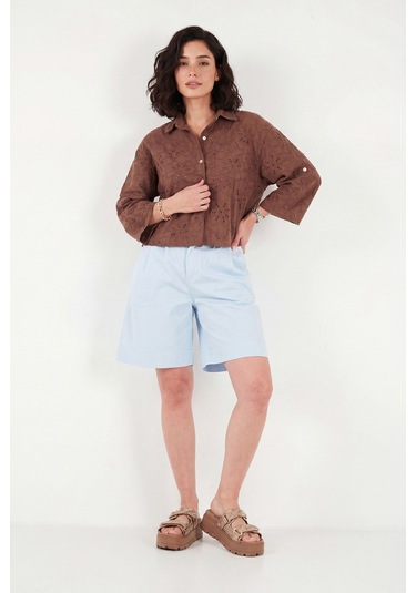 Lela Pamuklu Loose Fit Pileli Kemerli Bermuda Şort Bayan Şort 668yp5439 Mavi