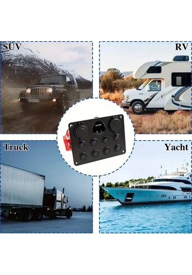 Motion003 Mavi 12v Sigara Cakmak Soketli 8 Pozisyonlu Doner Anahtar Paneli Usb Sarjli Dijital Voltmetreli Seri Sigortali Araba Karavan Tekne