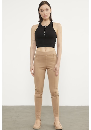 Önden Dikiş Detaylı Tayt - Bej 001