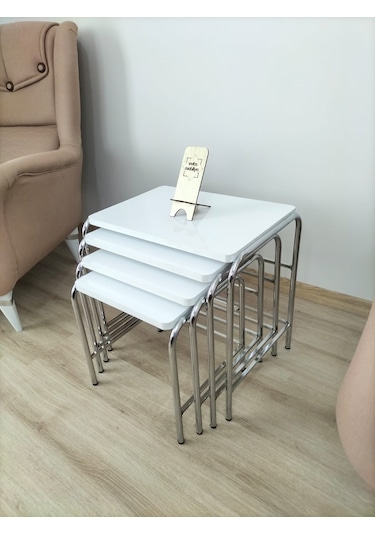 Evko Mobilya Buket Sehpa, 4'lü Zigon Sehpa, Dörtlü, Krom-beyaz