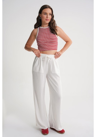 4629 Kadın Bol Paça Yüksek Bel Viskon Palazzo Pantolon Beyaz Beyaz