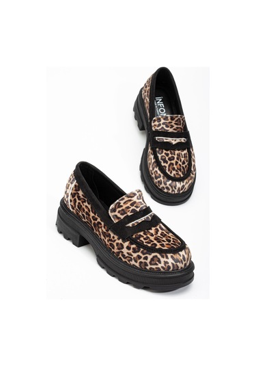746-759 Leopar Günlük Yüksek Tabanlı Loafer Ayakkabı Taba
