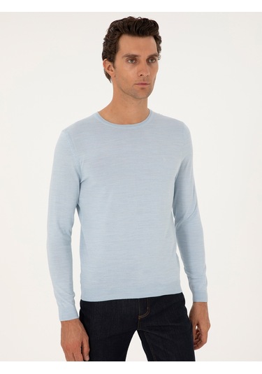 Cacharel Açık Mavi Slim Fit Yün Karışımlı Bisiklet Yaka Basic Triko Kazak Denım