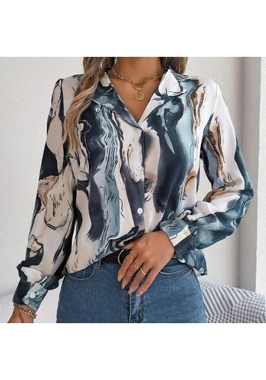 Ofis Kadın Rahat Moda Kontrast Renk Baskı Bluz Kadın Uzun Kollu Sonbahar Kış Zarif Çentikli Gömlek Elbise Tops 28621 Mavi