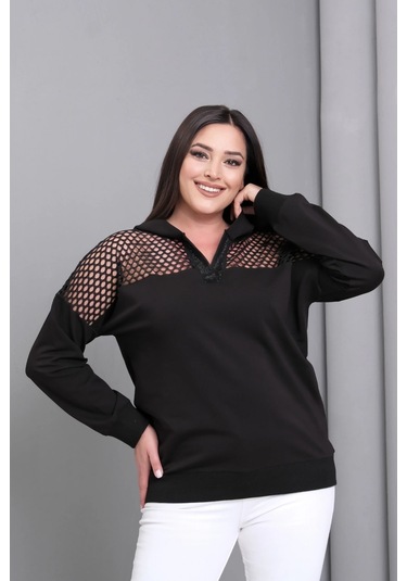 Yakası Taşlı File Detaylı Sweatshirt Siyah