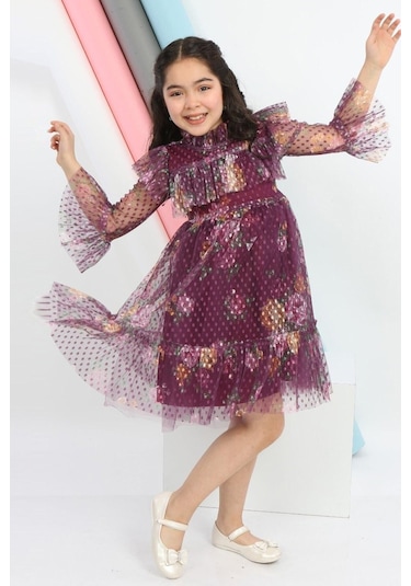Kız Çocuk Tütülü Elbise Tül Kumaş Astarlı Bel Lastikli Rahat Zarif Elbise Kostüm Bordo
