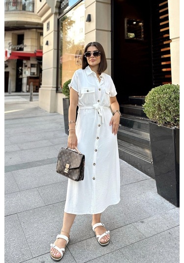 Beyaz Kısa Kol, Gömlek Yaka, Düz Desen, Çift Cepli, Aerobin Kumaş, Kuşaklı Maxi Elbise Beyaz