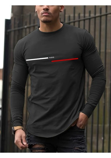 Guılanerkek %100 Saf Pamuk Paris Baskılı Uzun Kollu Tişörtkoyu Gri Koyu Gri