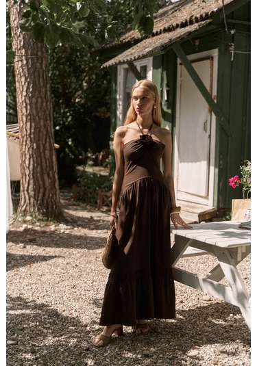 Elisa Gül Detay Koyu Kahve Uzun Elbise