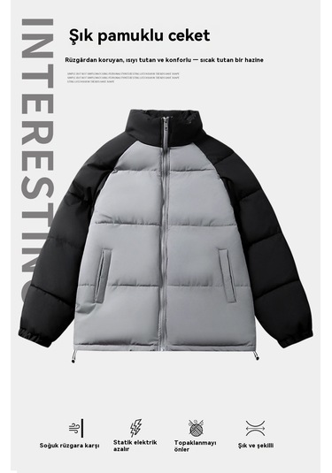 2025 Yeni Erkek Patchwork Pamuklu Dolgulu Ceket, Günlük Kalınlaştırılmış Dik Yaka Pamuklu Dolgulu Mont Gri