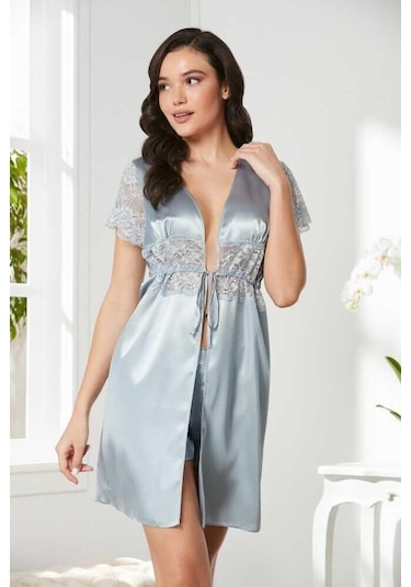 Pierre Cardin Saten Dantelli Midi Sabahlık 1020 Mist Çok Renkli