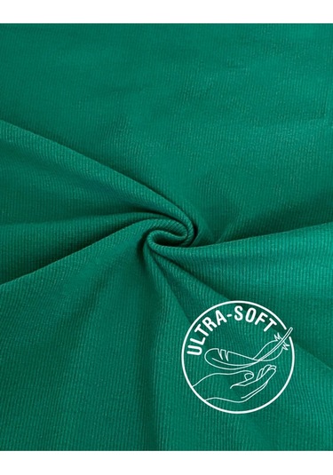 Pamuklu Kaşkorse V Yaka Body Sweatshirt, Fitilli Kumaş Likralı Bluz, Asker Yeşili Badi Çimen Yeşili