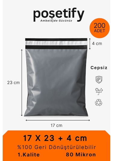 Gri Cepsiz Kargo Poşeti 17x23+4 Cm Yapışkan Bantlı Kargo Zarfı 200 Lü E-ticaret Poşeti