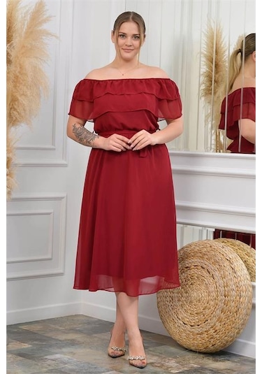 Dip Moda Kadın Şifon Kuşaklı Büyük Beden Elbise Dpnb8061 Bordo