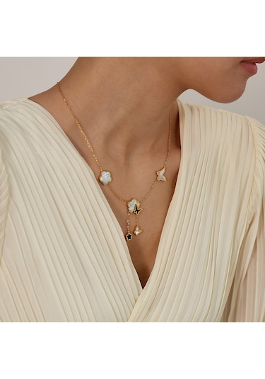 Sones Opk Gx2439 Paslanmaz Çelik Kelebek Çiçek Püskül Kolye Kemik Zincir Altın