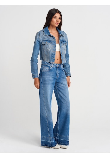 Dilvin 65366 Fleto Cepli Crop Denim Ceket-mavi Mavi