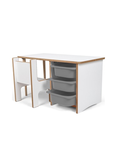 Industrial Living 3 Çekmeceli Çocuk Etkinlik Masası - Beyaz Mdf - Beyaz - Gri