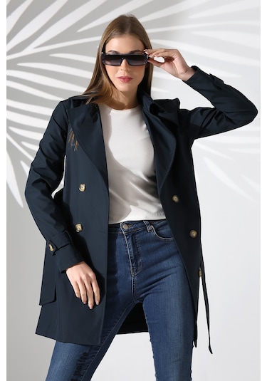 Kadın Degaje Kuşaklı Yarım Boy Astarlı Uzun Kollu Düğmeli Trençkot Lacivert