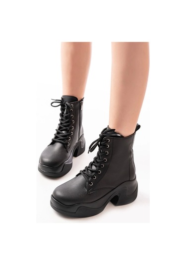 Siyah Yüksek Tabanlı Bağcıklı Fermuarlı Günlük Kadın Bot Siyah