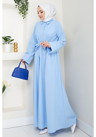 Renda Belden Bağlamalı Elbise 1467 - Bebe Mavisi Bebe Mavisi